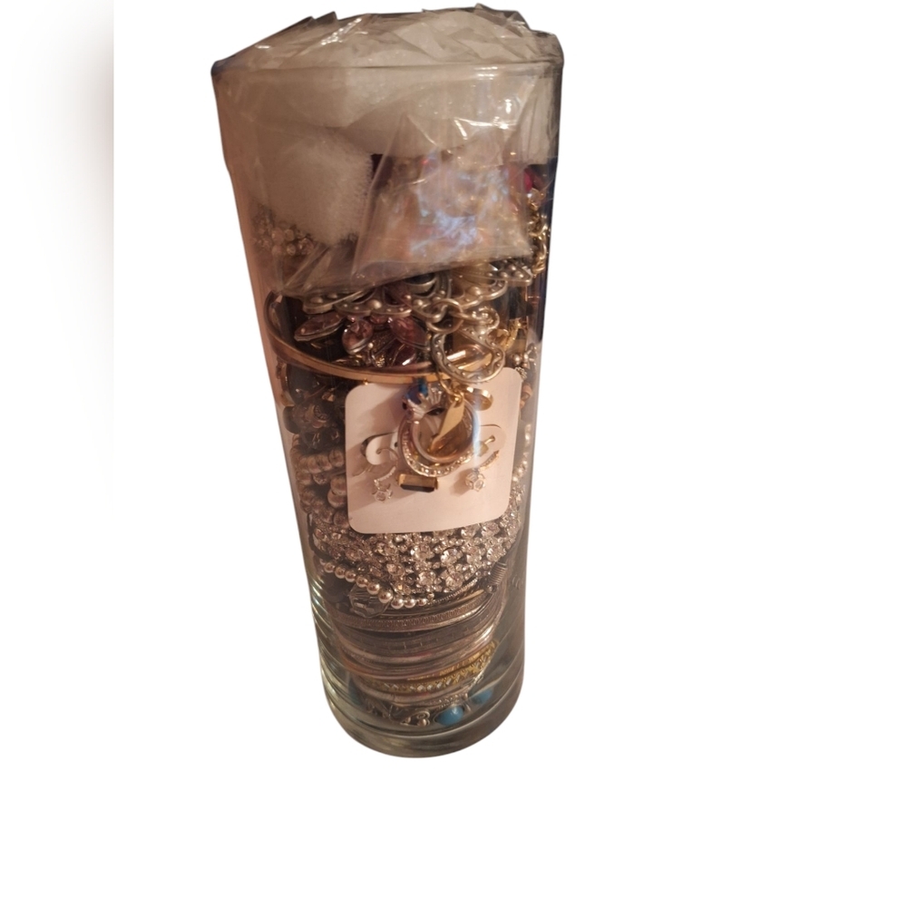 Tall Glass Jar Full Of Wearable Blingy Jewelry & Misc Crystals Necklaces Rings +